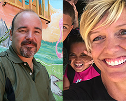 Split image: man in green shirt in front of mural, and woman with short blonde hair smiling with kids—highlighting resilience and community, echoing themes from How to Face Disaster on an Island (Hurricane Maria).
