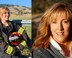 Split image: on left, woman in firefighter gear outdoors; on right, woman smiling in sunlight—showcasing How to Help the Helpers who dedicate themselves to caring for others.