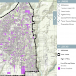 view of a digital application of a map from Paradise, CA showing in purple the parcels for rebuilding and layers that indicate different types of information displayed on the map