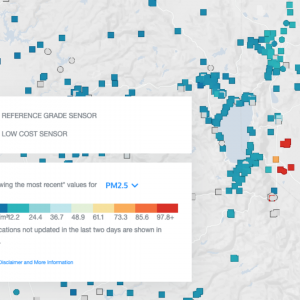 A screenshot from the OpenAQ website which shows a map key with a range of colors indicating air quality ratings with blue as good scaling to blue which is bad
