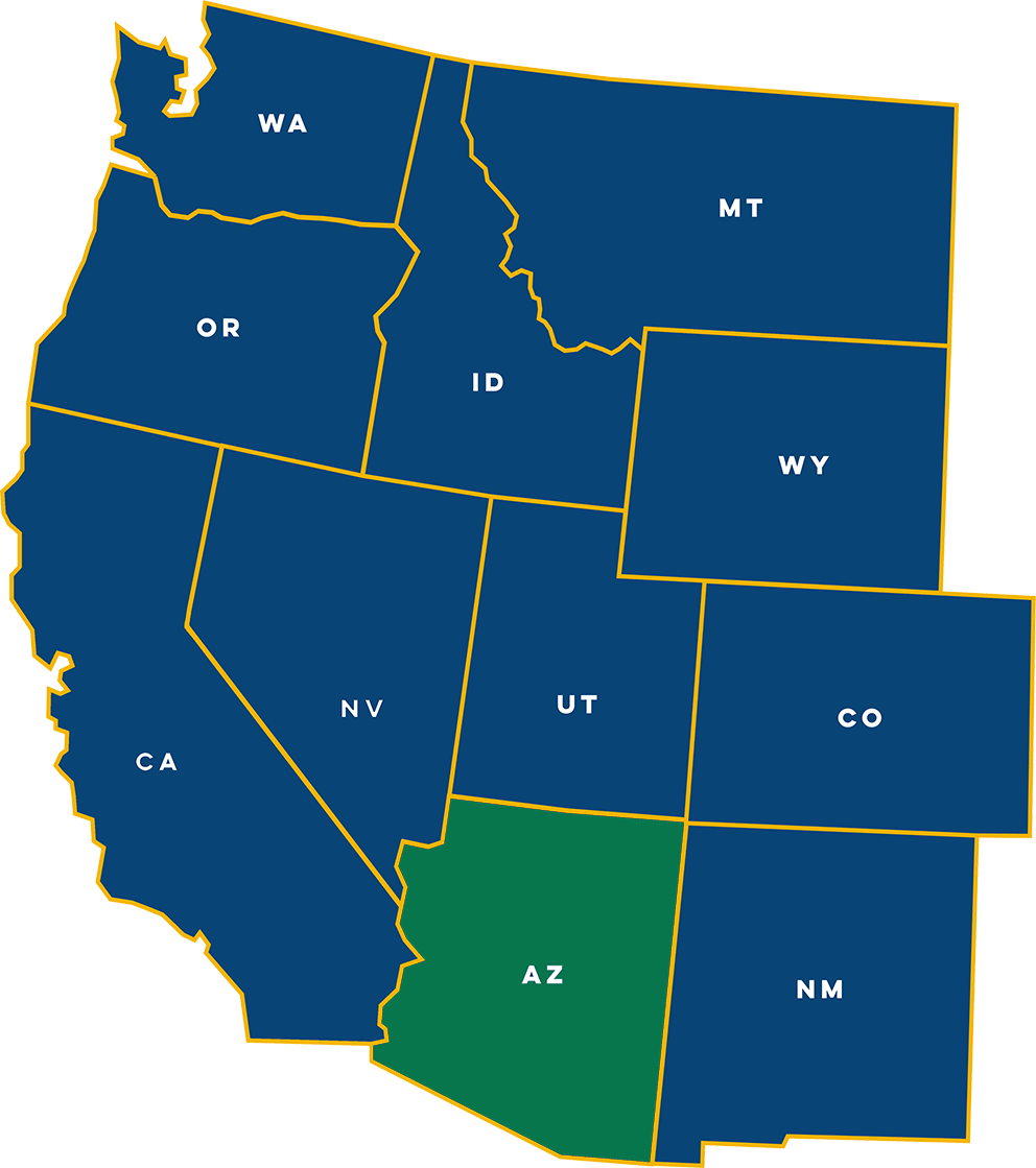Graphic map of eleven western US States with Arizona highlighted in green