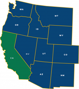Graphic map of eleven western US States with California highlighted in green