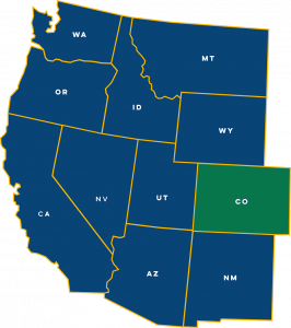 Graphic map of eleven western US States with Colorado highlighted in green