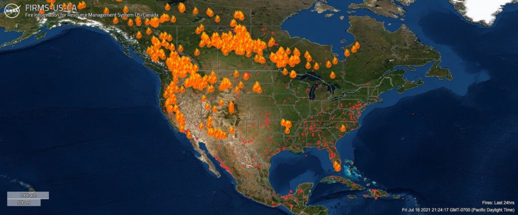 screenshot of an interactive NASA map of the US and Canada which displays current fires burning