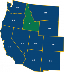 Graphic map of eleven western US States with Idaho highlighted in green