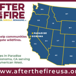 Map of western US states highlighting Paradise and Sonoma; text promotes disaster recovery services led by Jennifer Gray Thompson, focusing on communities impacted by the Paradise Fire.