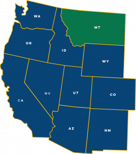 Graphic map of eleven western US States with Montana highlighted in green