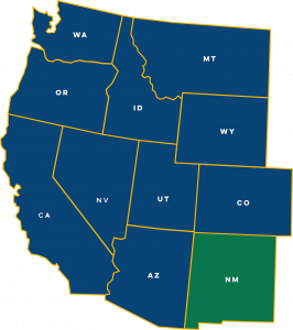 Graphic map of eleven western US States with New Mexico highlighted in green