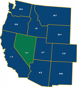 Graphic map of eleven western US States with Nevada highlighted in greenGraphic map of eleven western US States with Nevada highlighted in green