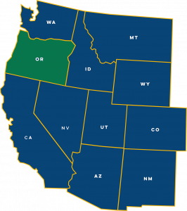 Graphic map of eleven western US States with Oregon highlighted in green