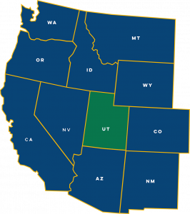 Graphic map of eleven western US States with Utah highlighted in green