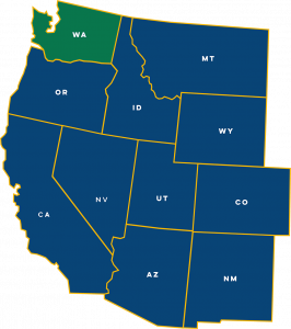 Graphic map of eleven western US States with Washington highlighted in green