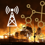 image of home on fire with overlaid icons symbolizing communications networks and broadband