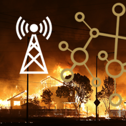 A wildfire engulfs houses at night, with network and radio tower icons overlayed, highlighting the vital role of Emergency Communications.