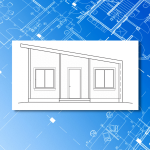 blueprint background with a simple line drawing of a single story house in black and white on top