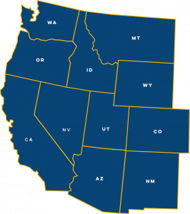 Blue graphic map of the 11 most western contiguous US States