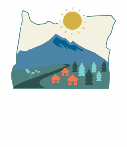 Graphic Logo in the shape of the state of Oregon with the words Stronger Together