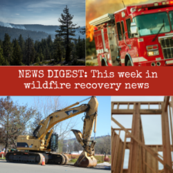 Four images: forest, fire truck, excavator, and house frame. Text reads: NEWS DIGEST: This week in wildfire recovery news.