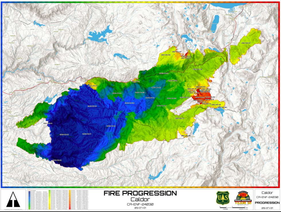 caldor fire progression map, showing the spread by a color gradataion from blue to yellow to orange