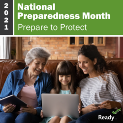 Three generations of women smiling and looking at laptops together as they create a disaster preparedness plan for National Preparedness Month 2021.