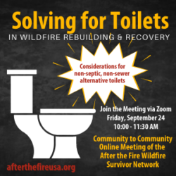 Black background with a toilet graphic, yellow text about a wildfire rebuilding Zoom meeting for non-sewer toilets, emphasizing community preparedness.