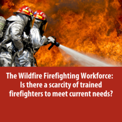 Two firefighters in gear spray water on intense flames, highlighting concerns about wildfire firefighter workforce shortages below.