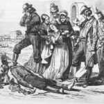 Sketch of group of early 1900s dressed people crowding around in distress over man lying on the ground with dog howling beside him