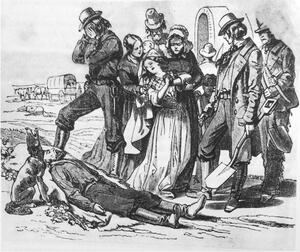 Sketch of group of early 1900s dressed people crowding around in distress over man lying on the ground with dog howling beside him