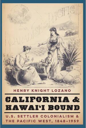 California and Hawai'i Bound cover. Sketch of woman sitting with globe beside her. Woman and child holding food approaching her