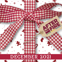 Red gingham ribbon tied in a bow with a gift tag reading After the Fire; text below says December 2021, celebrating happy holidays and favorite things in 2021.
