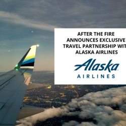 Alaska Airlines plane wing above city lights at dusk, with partnership announcement text overlayed—marking a new beginning after the fire.
