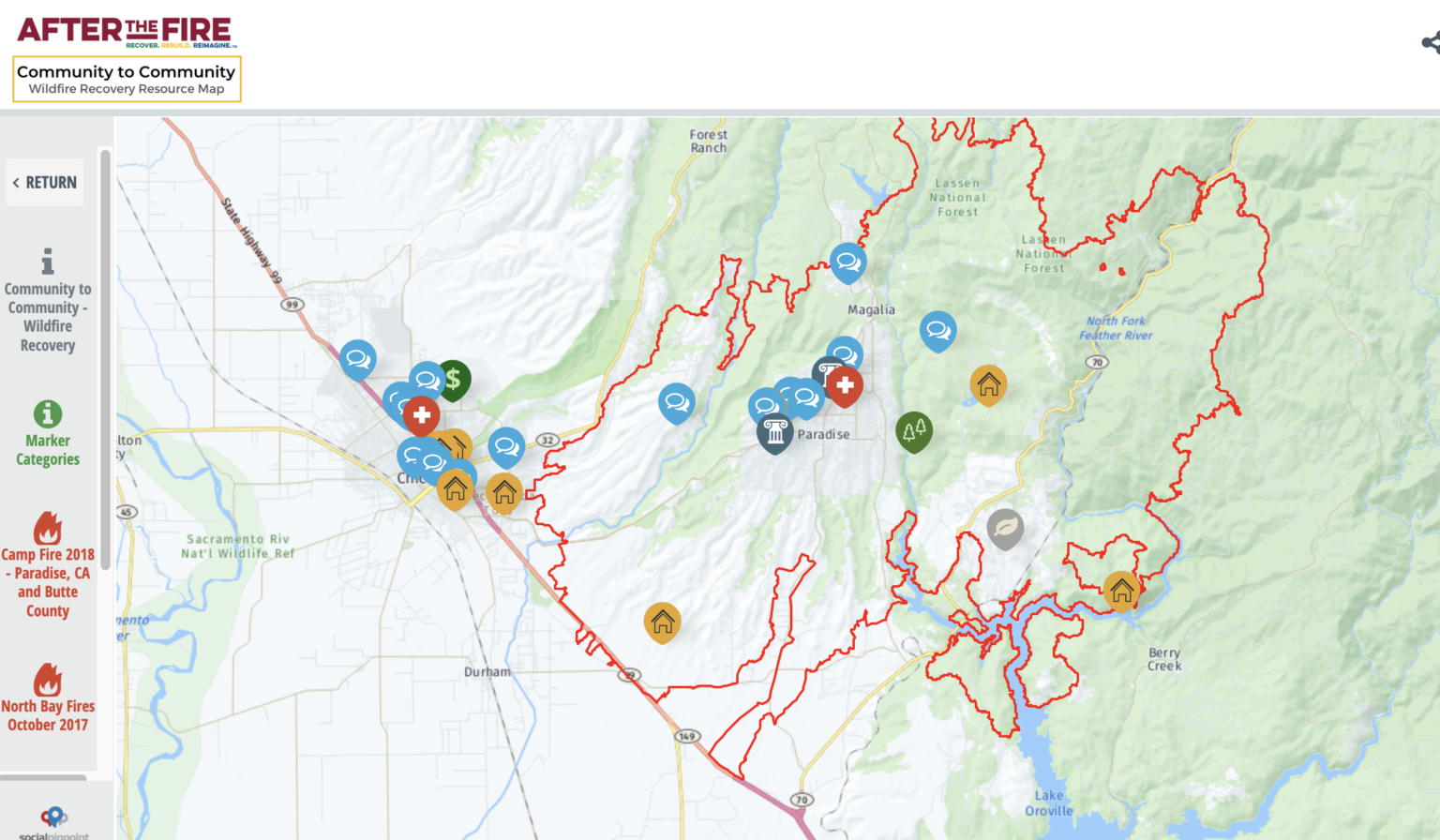 Screenshot of the Community to Community Wildfire Recovery Resources Map with a base map of the Camp Fire area in Butte County CA with a red perimeter of the Camp Fire delineated and info marker pins positioned around the area