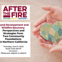 Hands hold a heart-shaped leaf cutout beside event details for a Northern California wildfire recovery webinar focused on fund development.