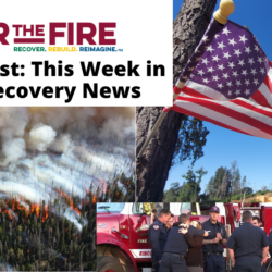 Collage of wildfire, firefighters, U.S. flag, and a map with red-highlighted counties; perfect for a wildfire news digest or wildfire recovery update theme.