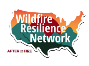 WILDFIRE RESILIENCE NETWORK WORDS ON A MAP OF THE USA IN SUNSET COLORS