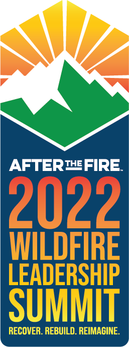wildfire leadership summit logo with a mountain graphic and sun rays rising above in orange