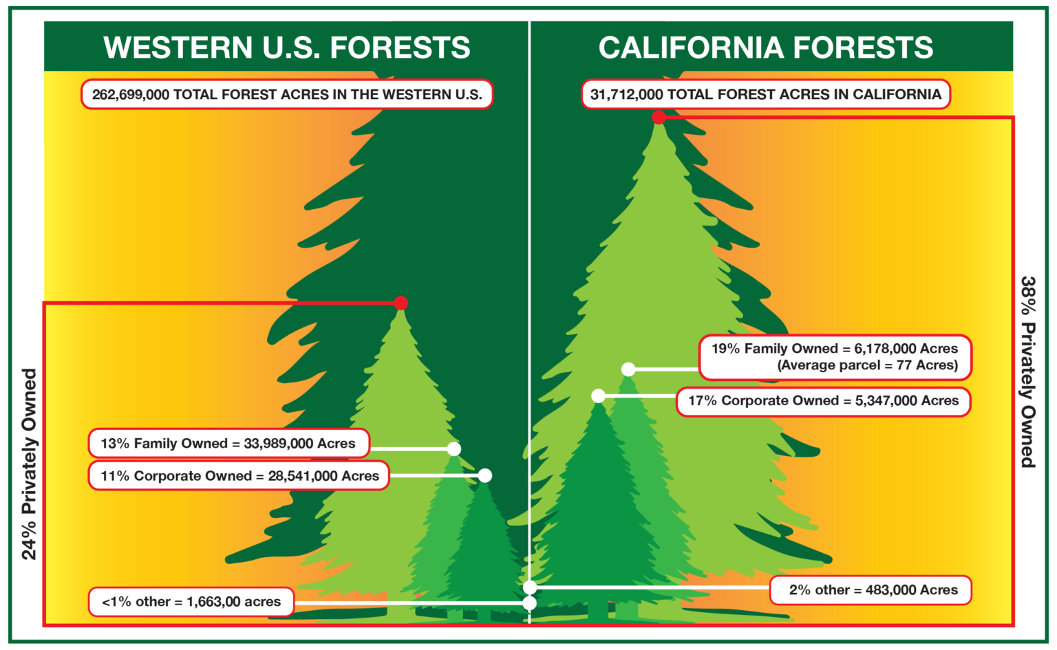 infographic comparing forest acreage under state, federal and private ownership in CA. Graphic shows this by size of green tree icons against a deep yellow background
