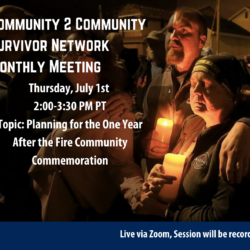 People holding candles at night; event details about a wildfire commemoration, one year after the fire, are displayed over the image.
