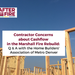 Partially built wooden house frames stand under a blue sky, highlighting contractor concerns after the Marshall Fire.