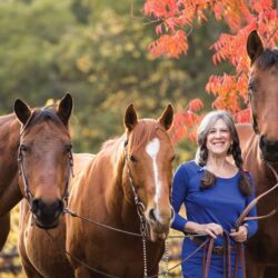 Julie Atwood, smiling in blue, stands with three brown horses near red autumn leaves and greenery, discussing the rebuild permit.