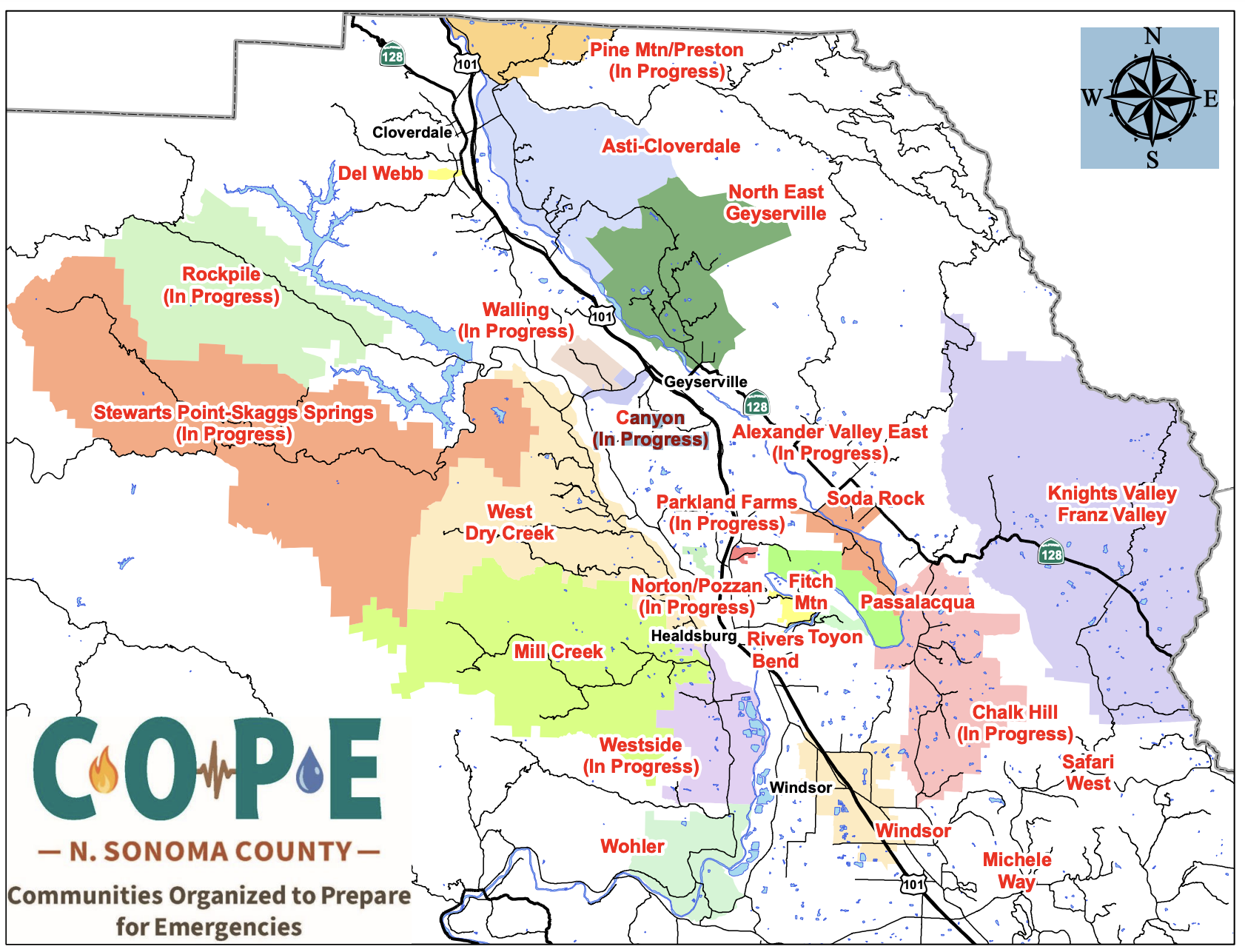 Map of Northern Sonoma County with COPE groups marked
