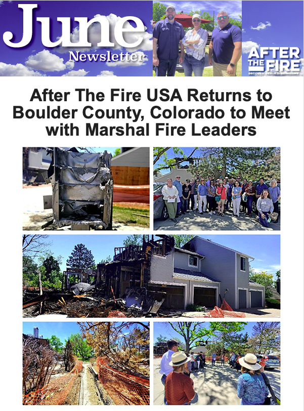 june newsletter screenshot with multiple photos showing people standing near some fire impacted areas