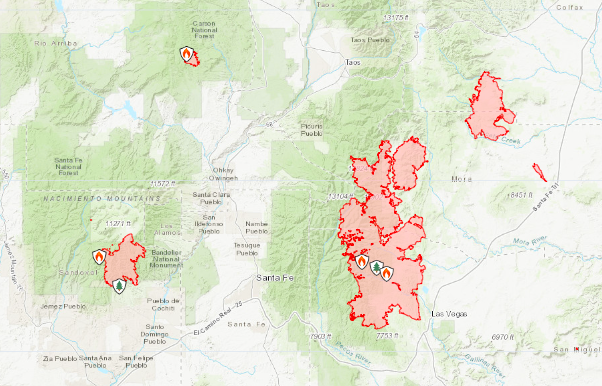 New Mexico Map of active fires perimeters shaded in red