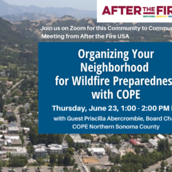 A flyer for a Zoom meeting on wildfire preparedness, featuring COPE tips and event details over a town aerial view.