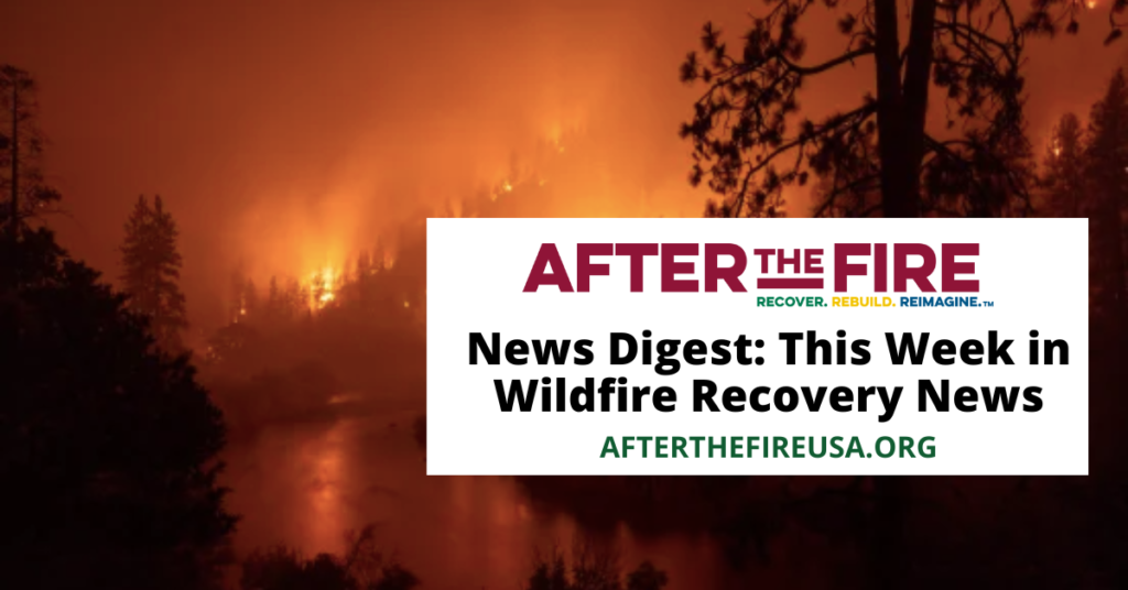 image of forest on fire with title slide in front for the after the fire weekly news digest