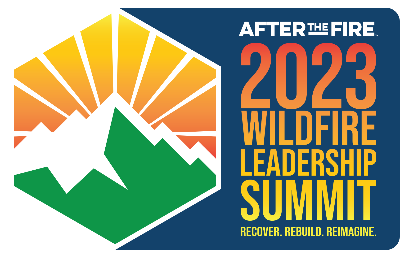 graphic logo for the summit with blue background and abstract image of a mountain and sunny sky behind in green and yellow and orange