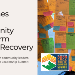 Colorful sticky notes with handwritten messages cover a wall, highlighting California wildfires recovery milestones and goals set by wildfire community leaders.
