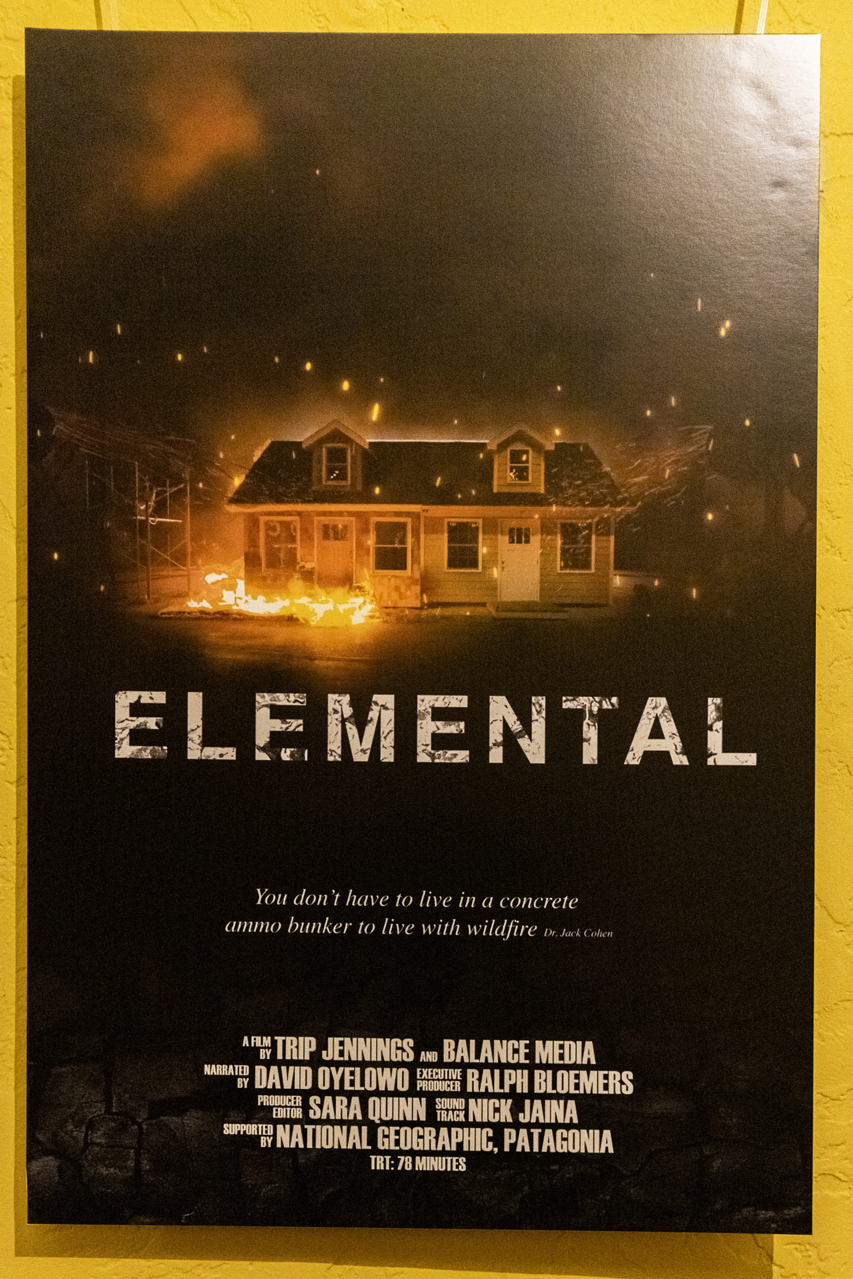 Elemental movie poster with photo of burning house