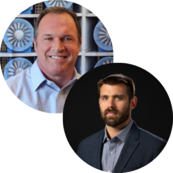 Alister Watt and Daniel Gorham, both in business attire, are featured—one smiling before a blue background, the other against black—discussing aspects of the rebuild permit process.