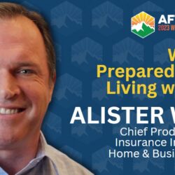 Alister Watt smiles with text promoting his talk at the 2023 Wildfire Leadership Summit, where he shares insights on wildfire home preparedness.